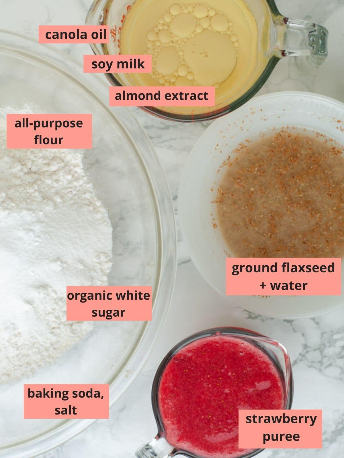 Labeled ingredients used to make strawberry cake