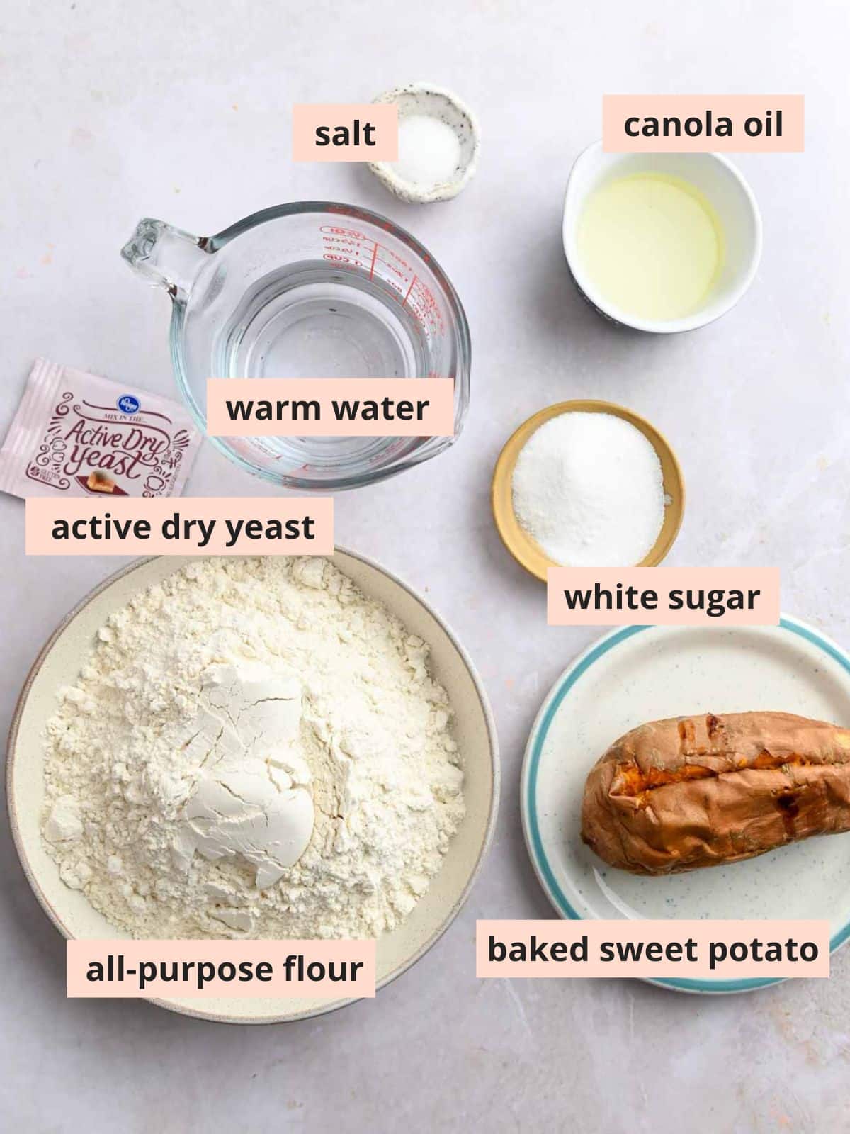 Labeled ingredients used to make sweet potato buns.