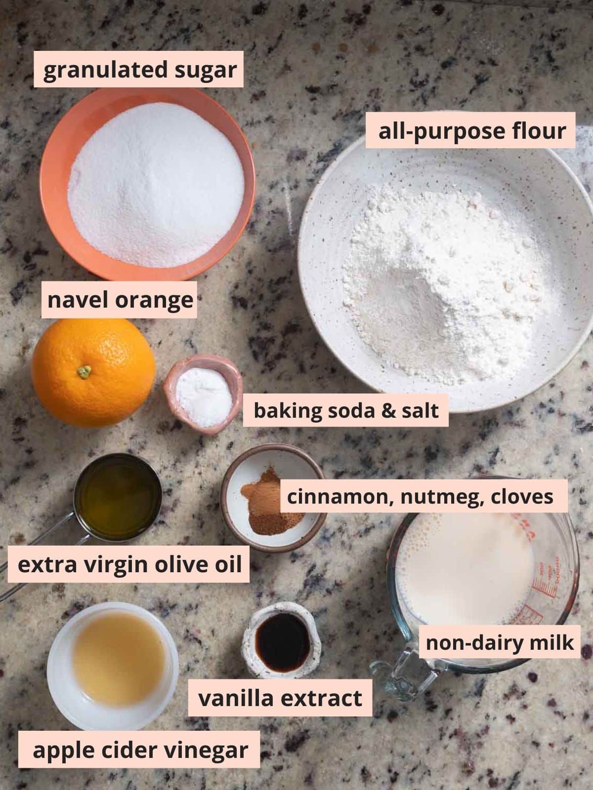 Labeled ingredients used to make the cake.