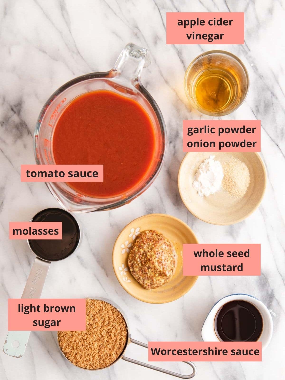 Labeled ingredients used to make BBQ sauce.