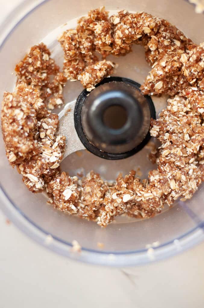Mix of dates and oatmeal pureed in food processor.
