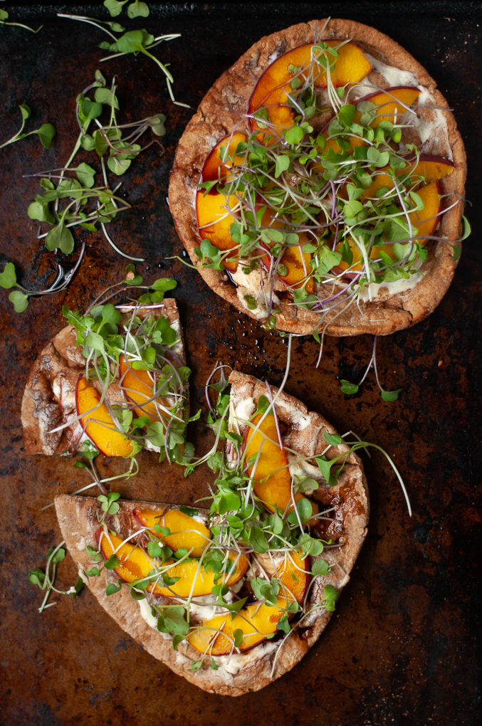 Peach and Goat Cheese Pita Pizza with Microgreens Cozy Peach Kitchen