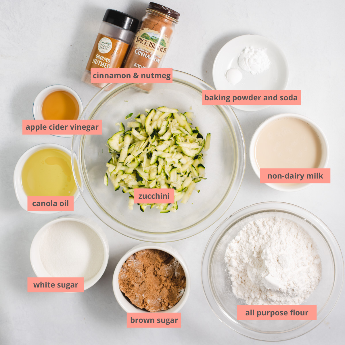 Ingredients to make zucchini bread with labels.