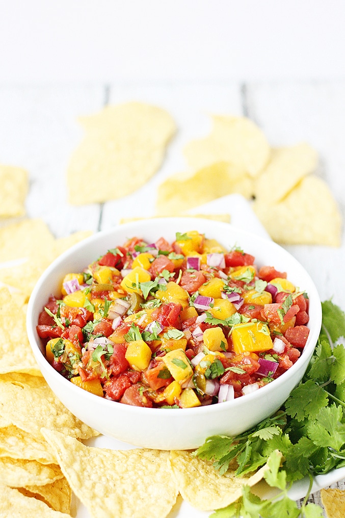 Salsa in white bowl surrounded by white corn tortilla chips