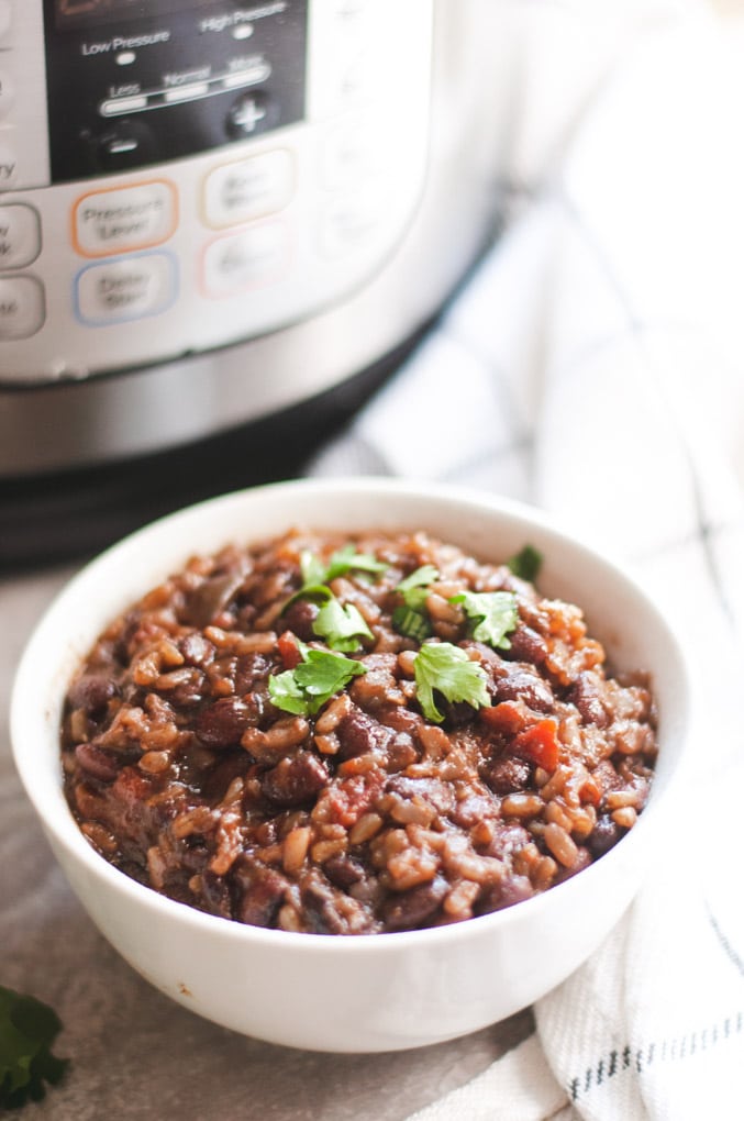 Black beans and brown rice with Instant Pot in the background