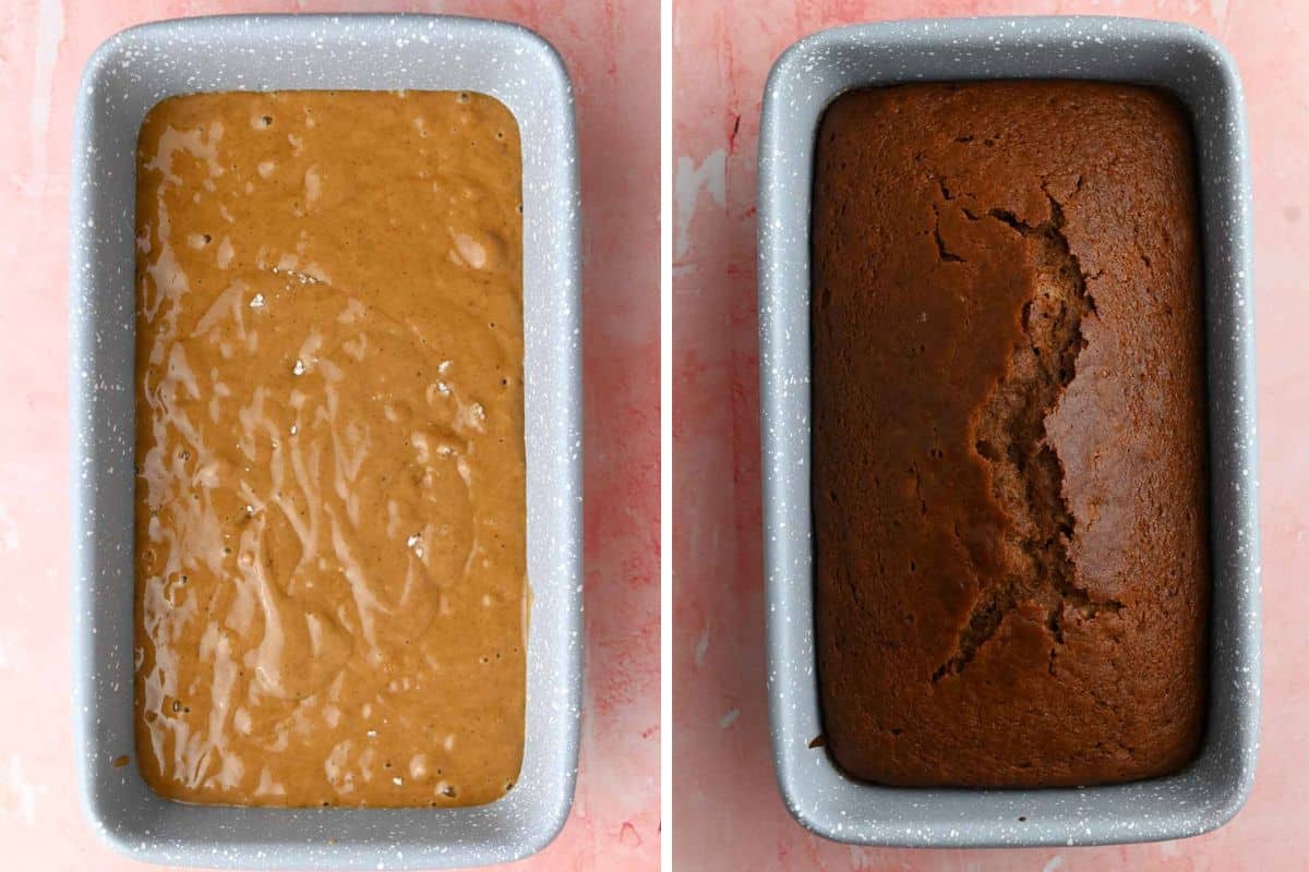 Gingerbread batter in a speckled pan before and after baking.