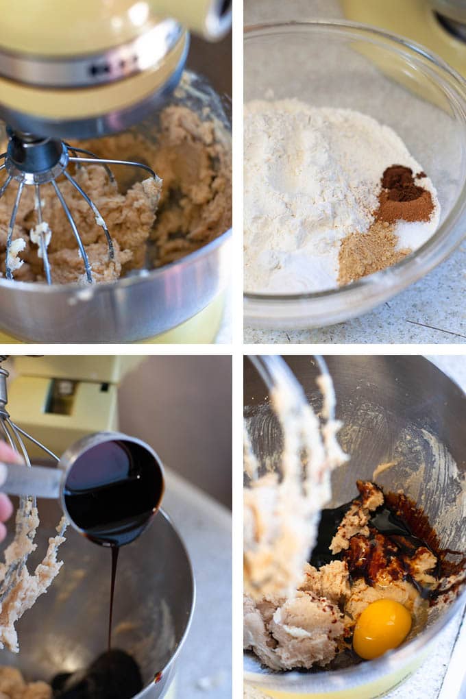 Steps to making molasses crinkle cookies 1. Cream butter and sugar 2. Mix together dry ingredients 3. Add molasses 4. Add egg