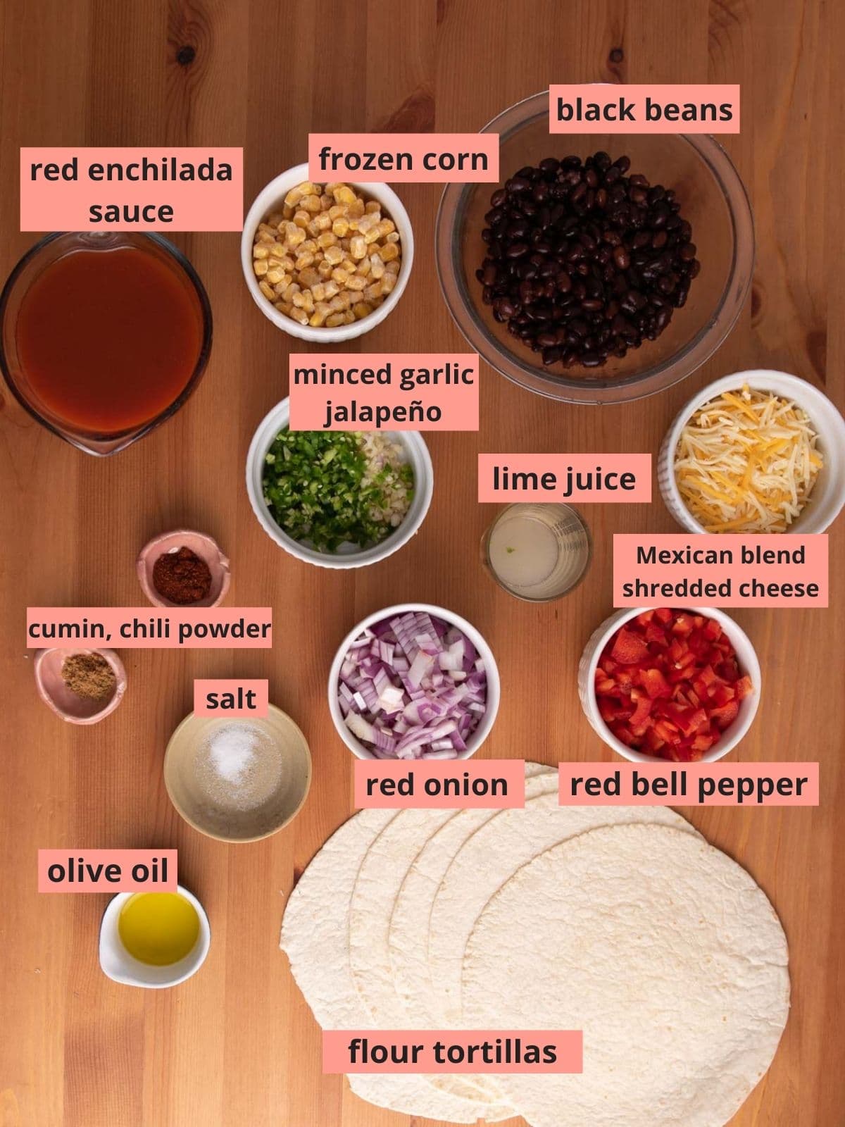Labeled ingredients used to make enchiladas.