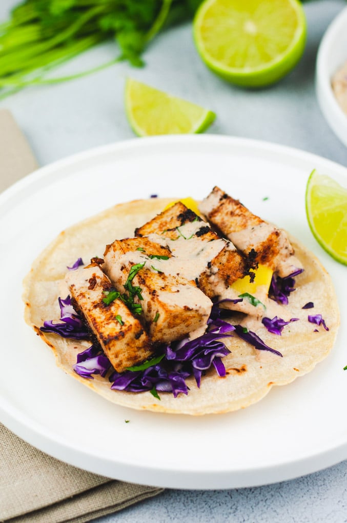 Side view of tofu on taco.
