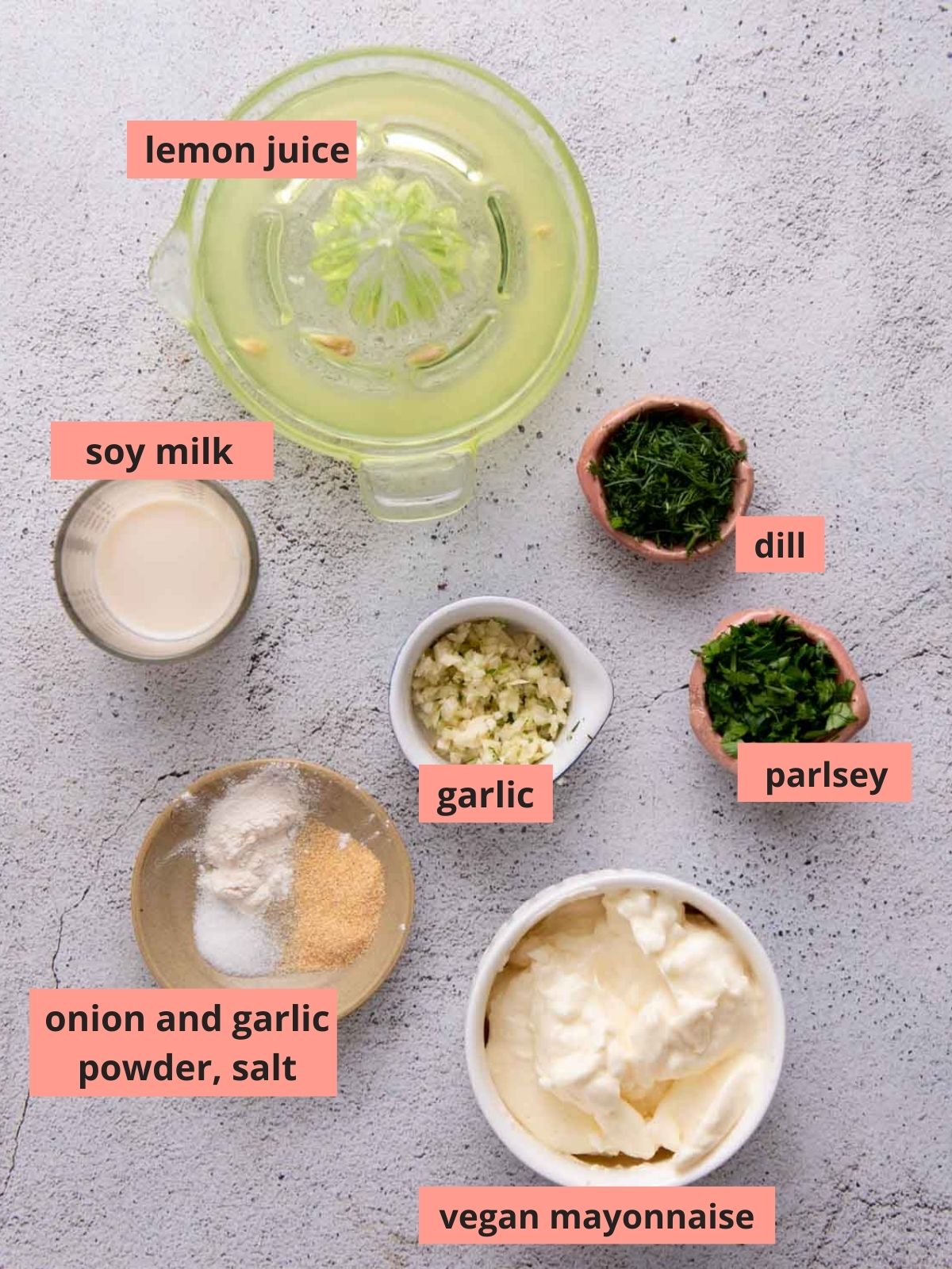 Labeled ingredients used to make ranch dressing