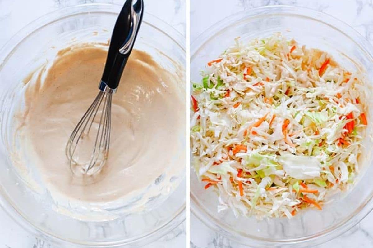 Tahini sauce in one glass bowl and shredded coleslaw mix in another bowl.