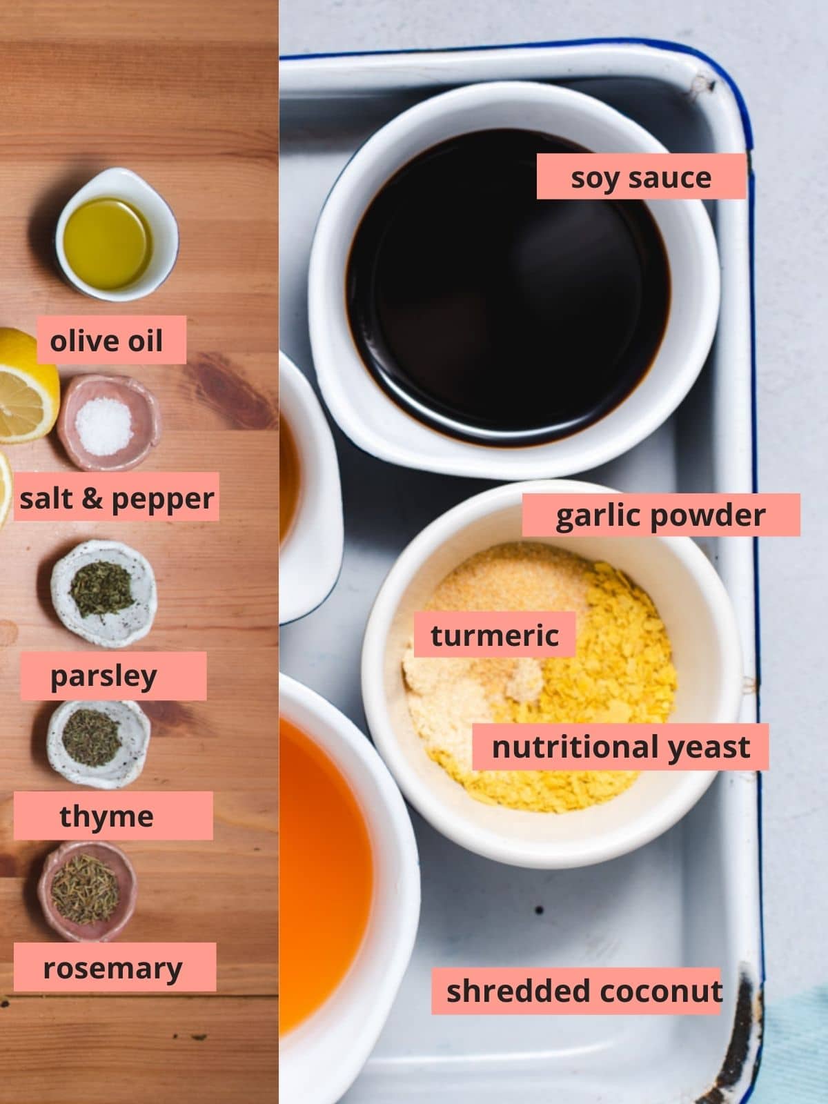 Labeled ingredients used to make a tofu scramble.