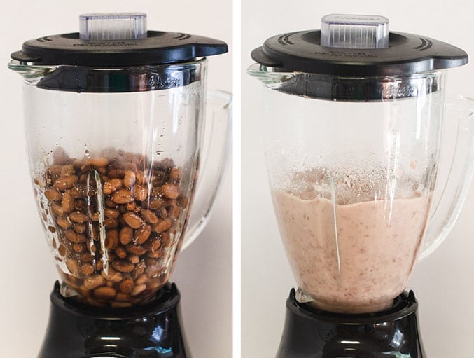Left image shows whole pinto beans in a blender. Right image shows blended pinto beans. 