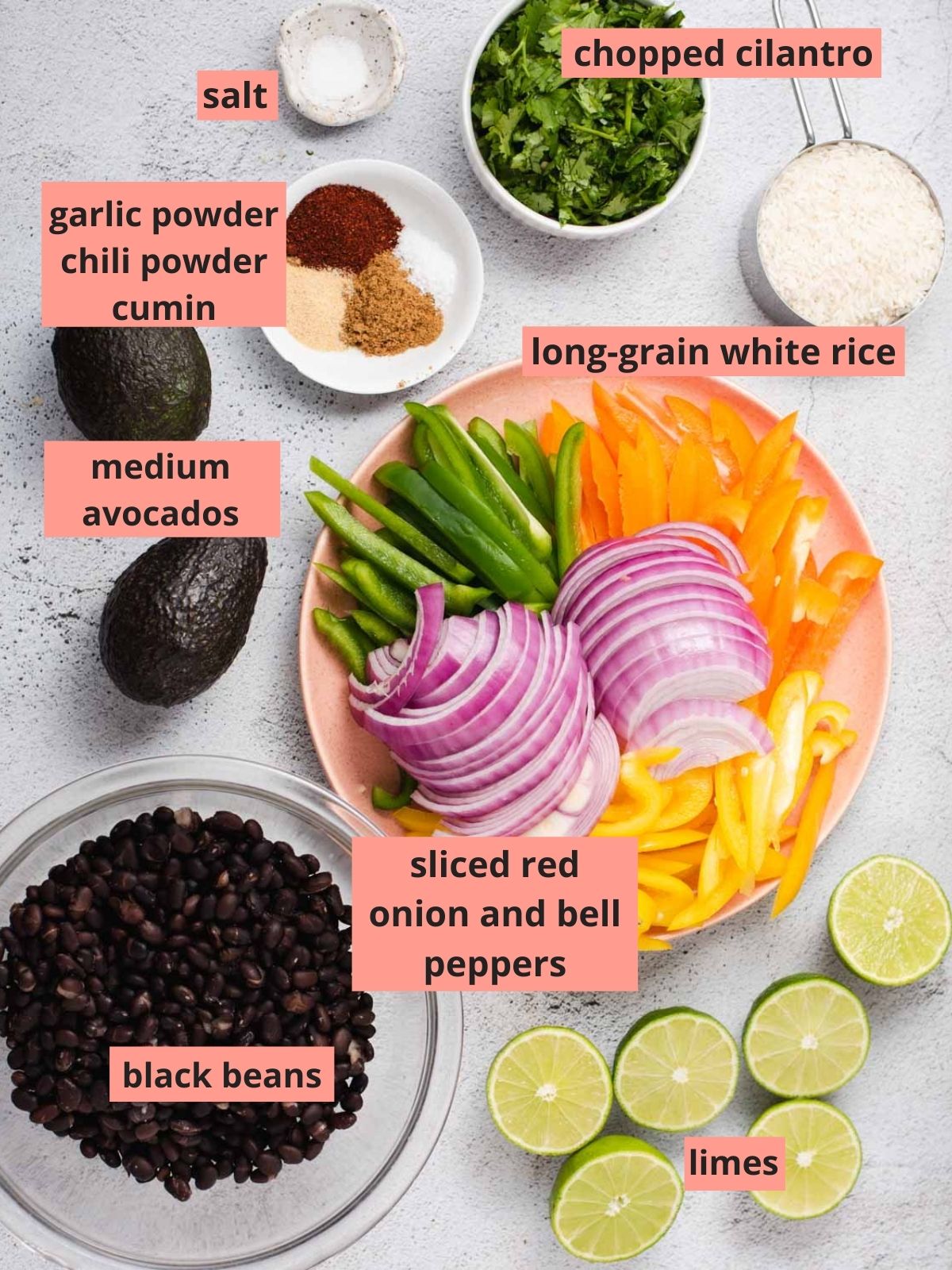 Labeled ingredients used to make fajita veggie bowls.