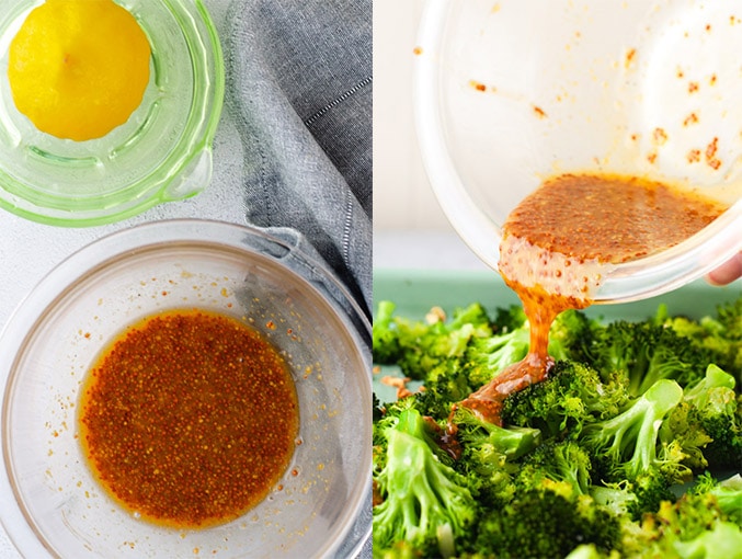 Left image shows honey mustard glaze in a glass mixing bowl. Right image shows glaze being poured onto broccoli florets.