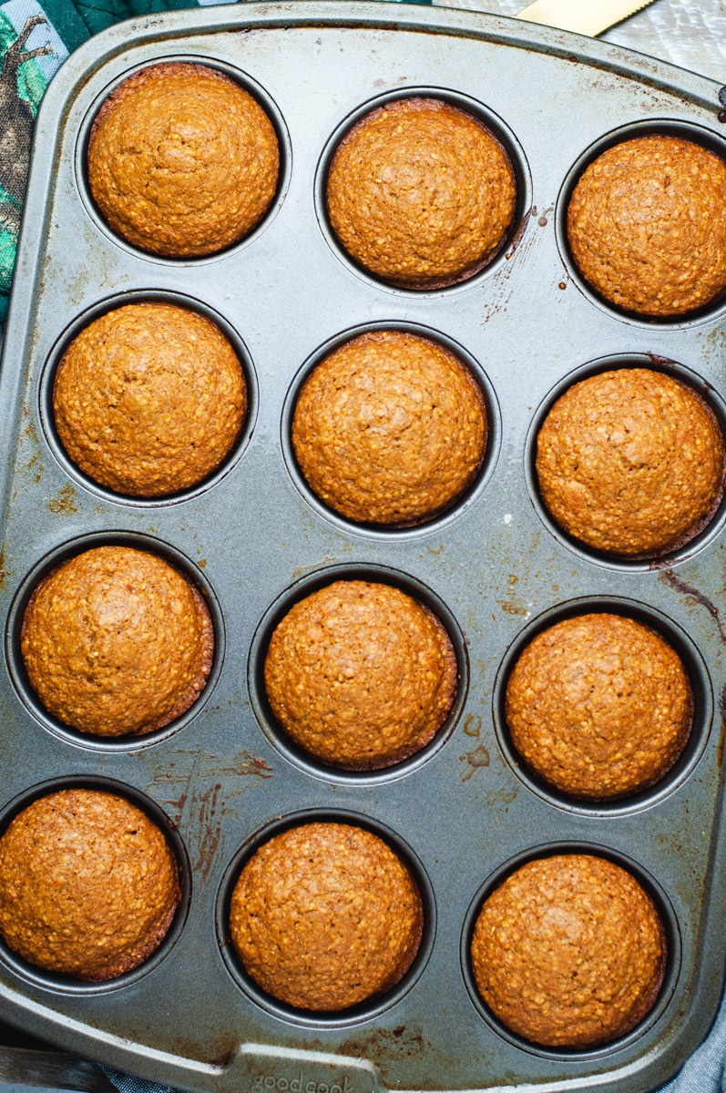 Overhead view of muffins in a muffin metal muffin tin.