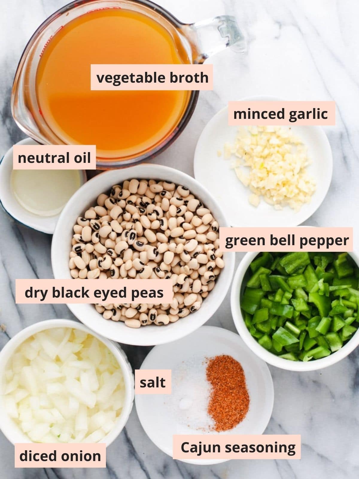Labeled ingredients used to make black eyed peas.
