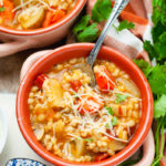 Vegetarian mushroom barley soup topped with parmesan in a pink bowl