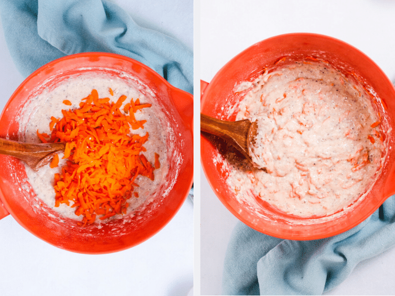 Left image shows shredded carrot with muffin batter before mixing. Right image shows muffin batter in an orange bowl.
