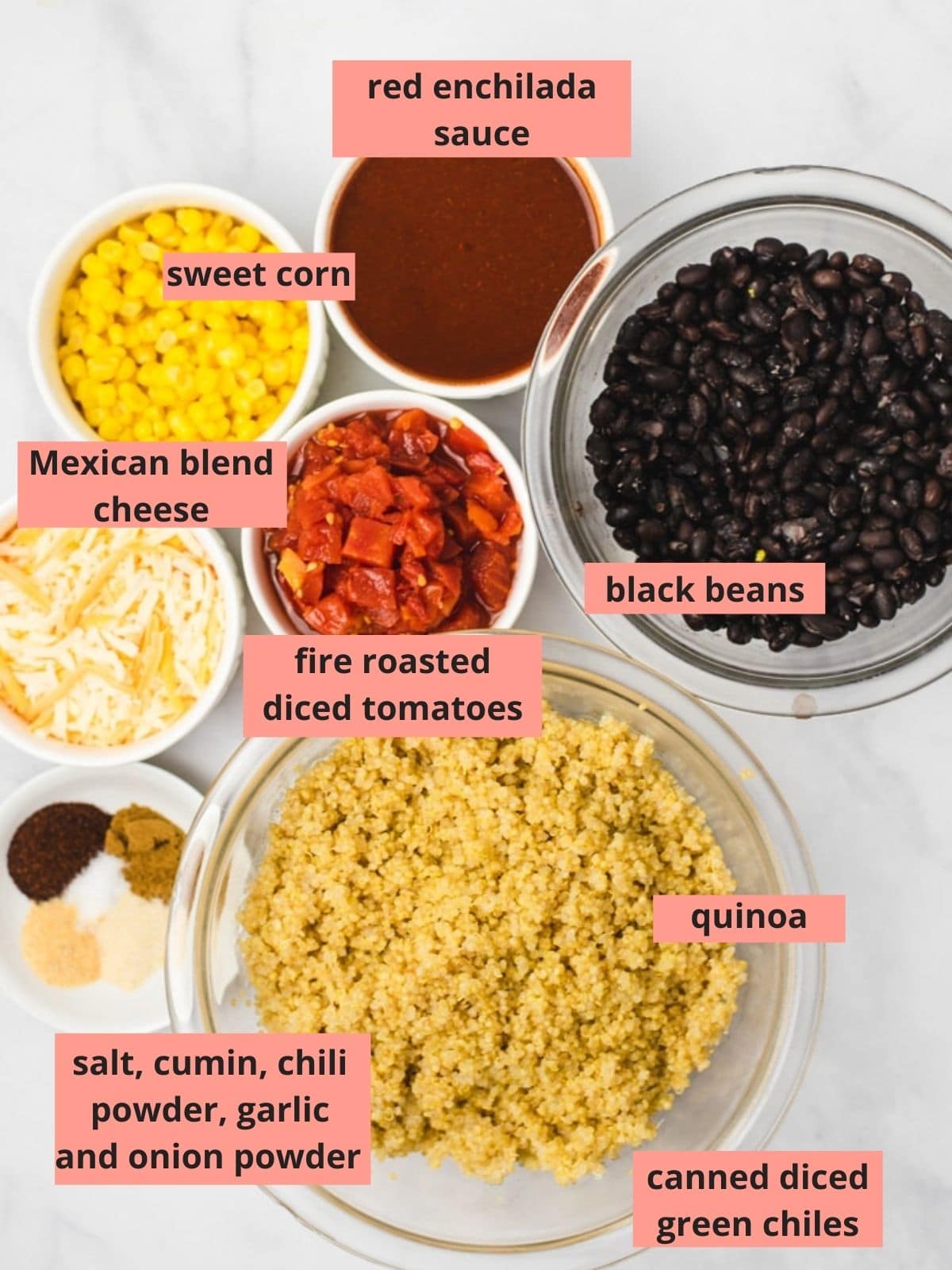 Labeled ingredients used to make quinoa casserole.