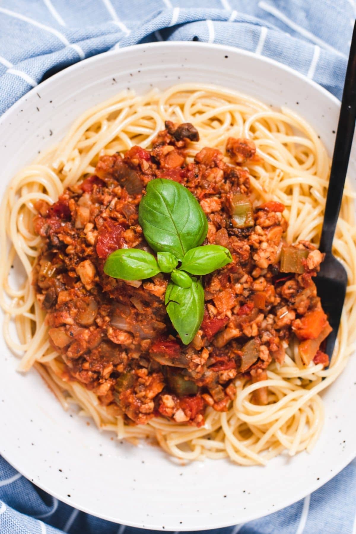 Large serving of spaghetti topped with Bolognese sauce and fresh basil.