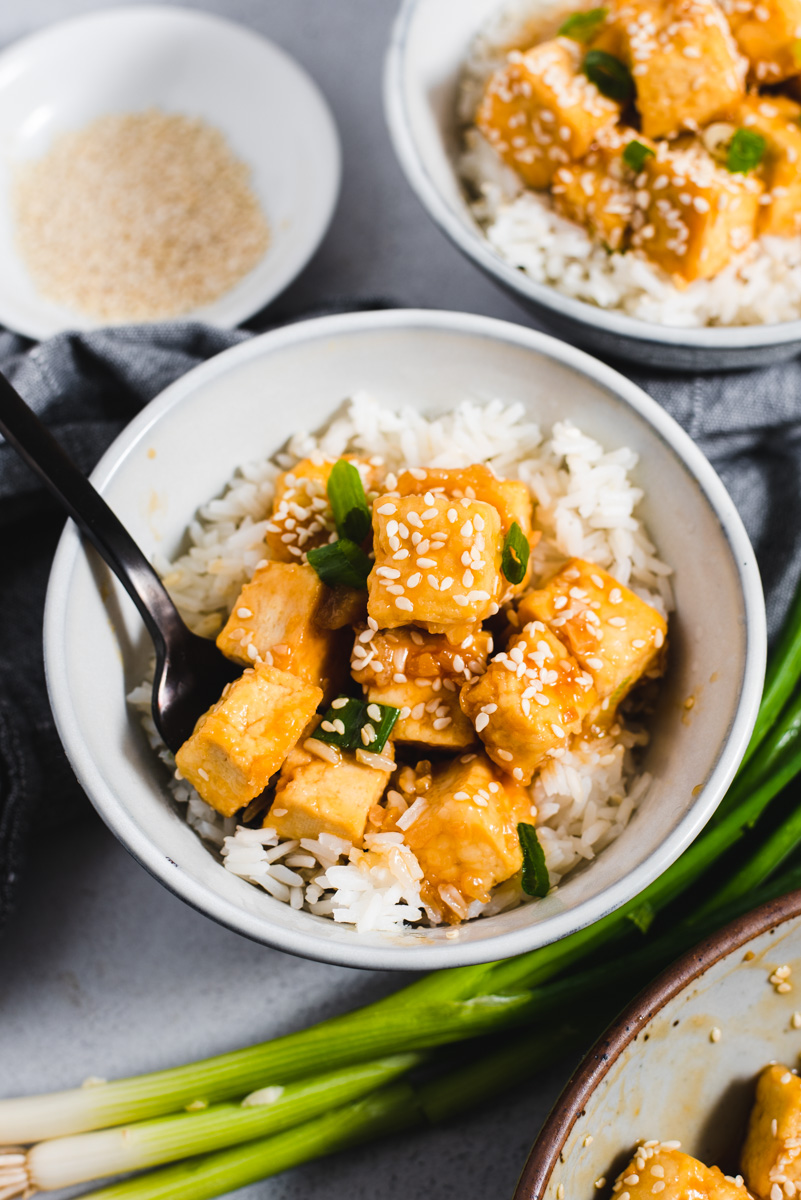 Tofu on white rice in a gray bowl with green onions in the background.
