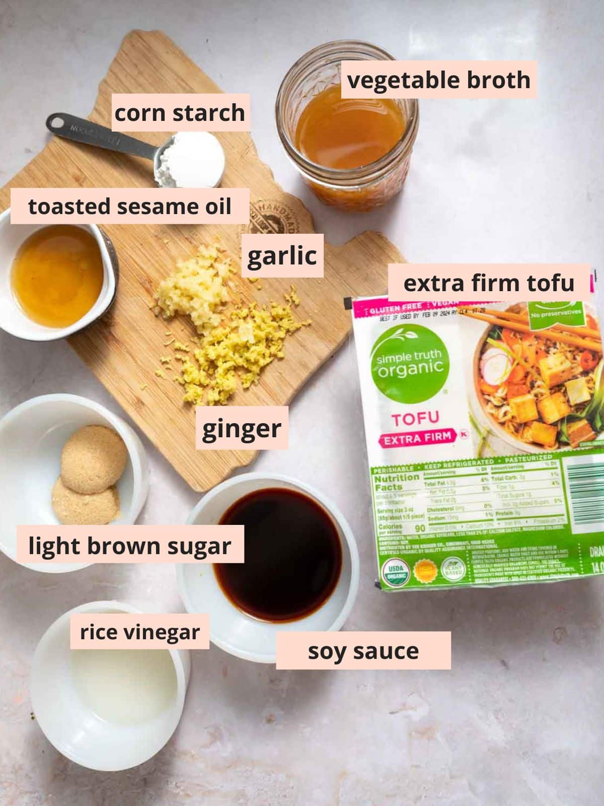Labeled ingredients used to make sesame tofu.