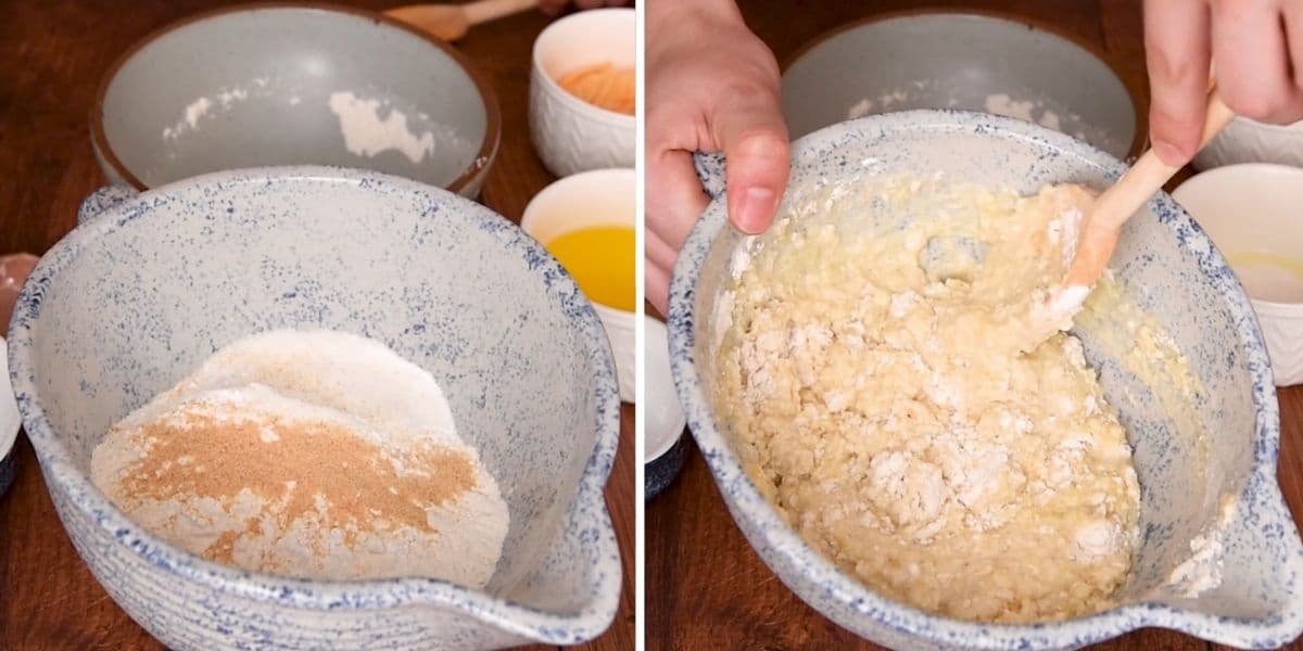 Process to mix together dry ingredients and wet ingredients