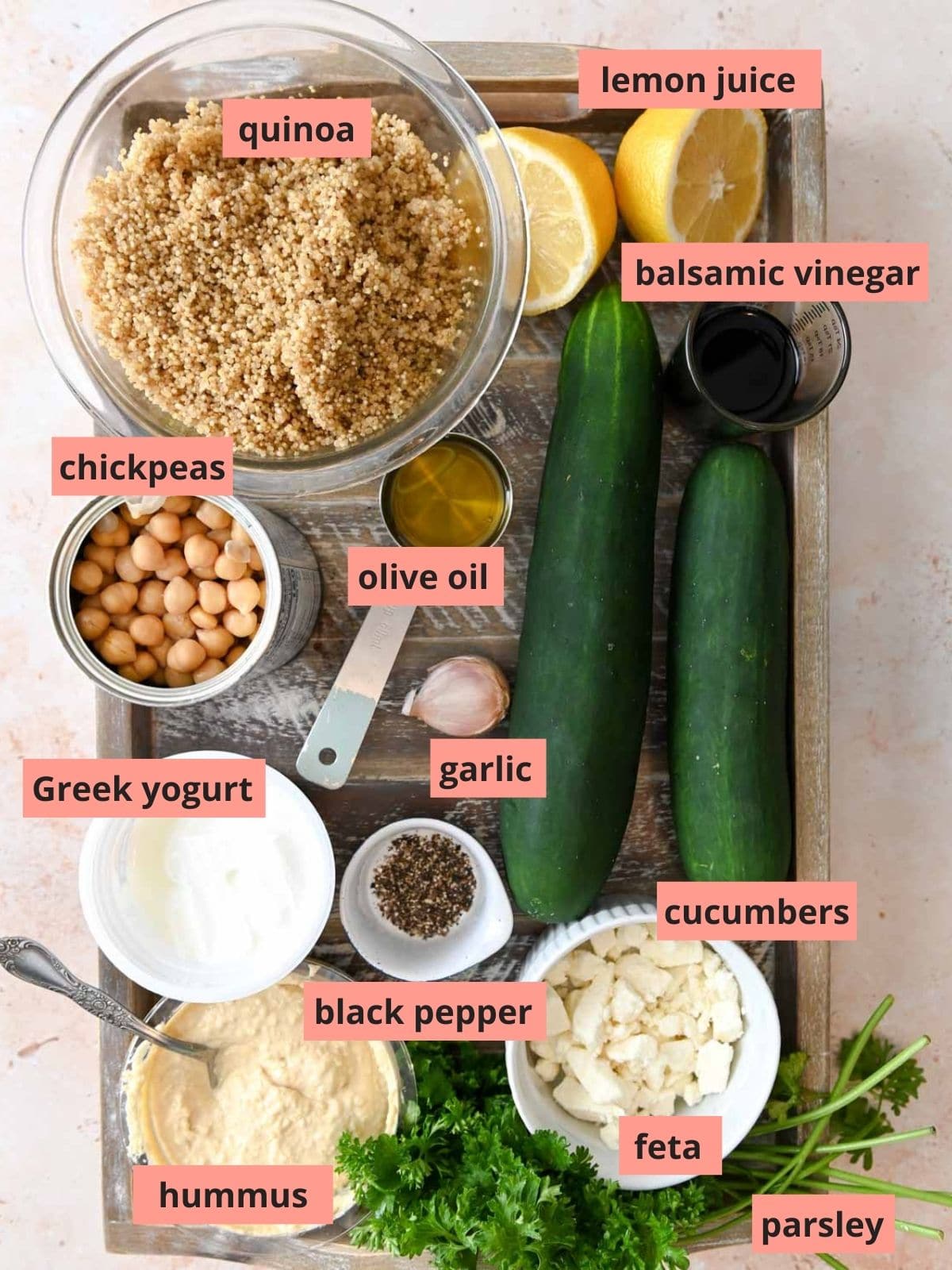 Labeled ingredients used to make quinoa bowls.