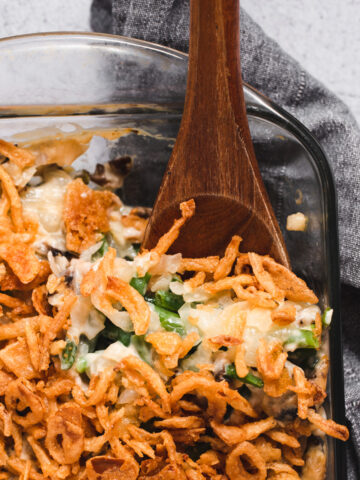 Overhead view of fresh green bean casserole topped with crispy onions