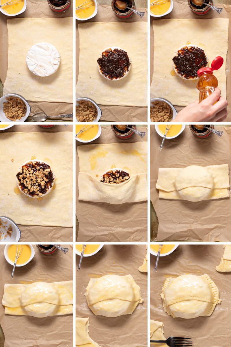 Grid with nine steps to make baked brie.
