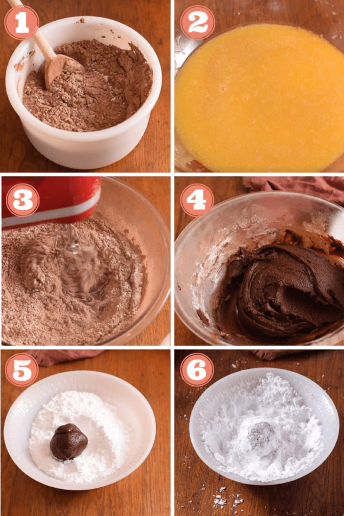 Graphic showing process to make chocolate crinkles in 6 steps.