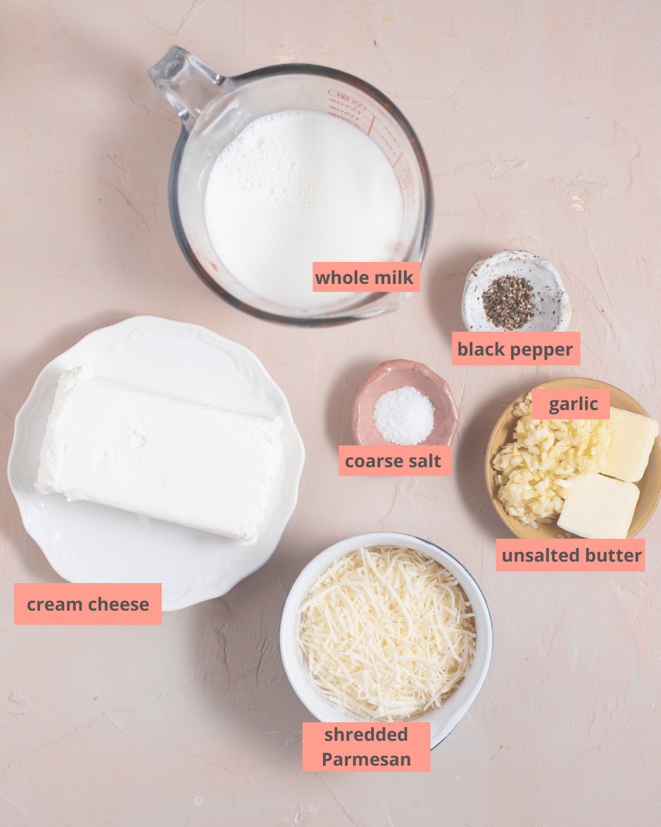 Garlic mashed potato ingredients in separate bowls with name labels.