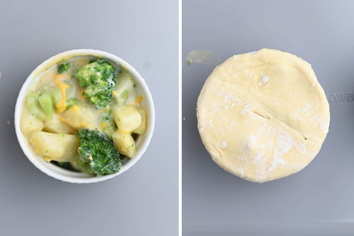 Broccoli pot pie before and after topping with puff pastry.