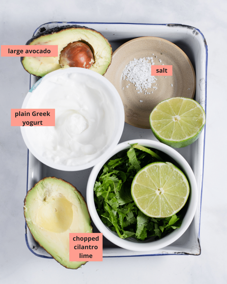 Avocado crema ingredients with name labels.