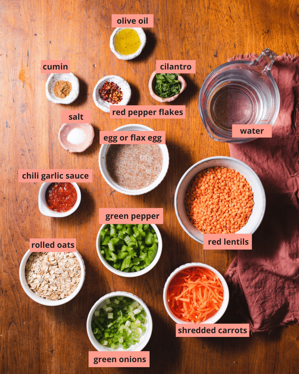 Labeled ingredients to make lentil burgers