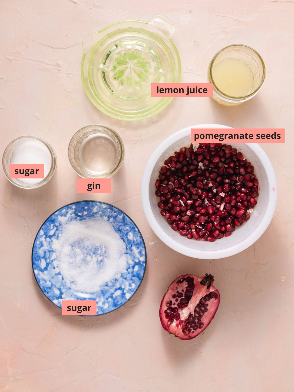 Labeled ingredients used to make pomegranate cocktails.