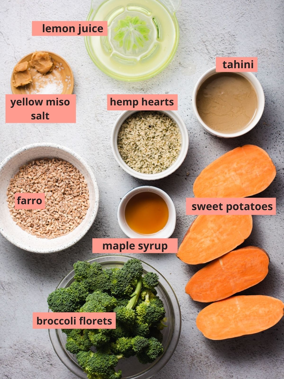 Labeled ingredients used to make sweet potato bowls.