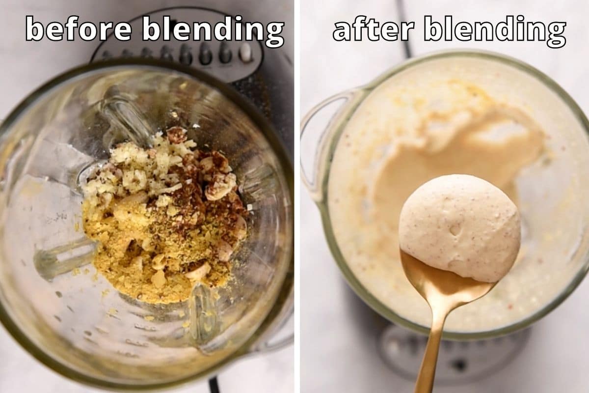 Before and after blending cashew dressing.