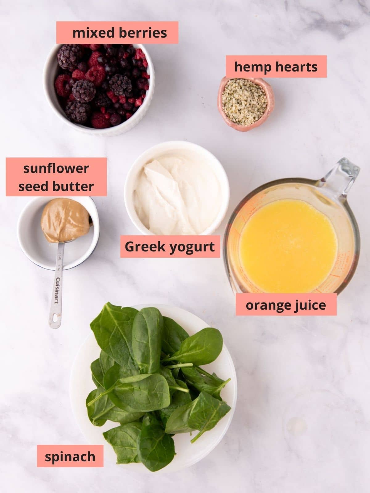 Labeled ingredients used to make triple berry smoothie.