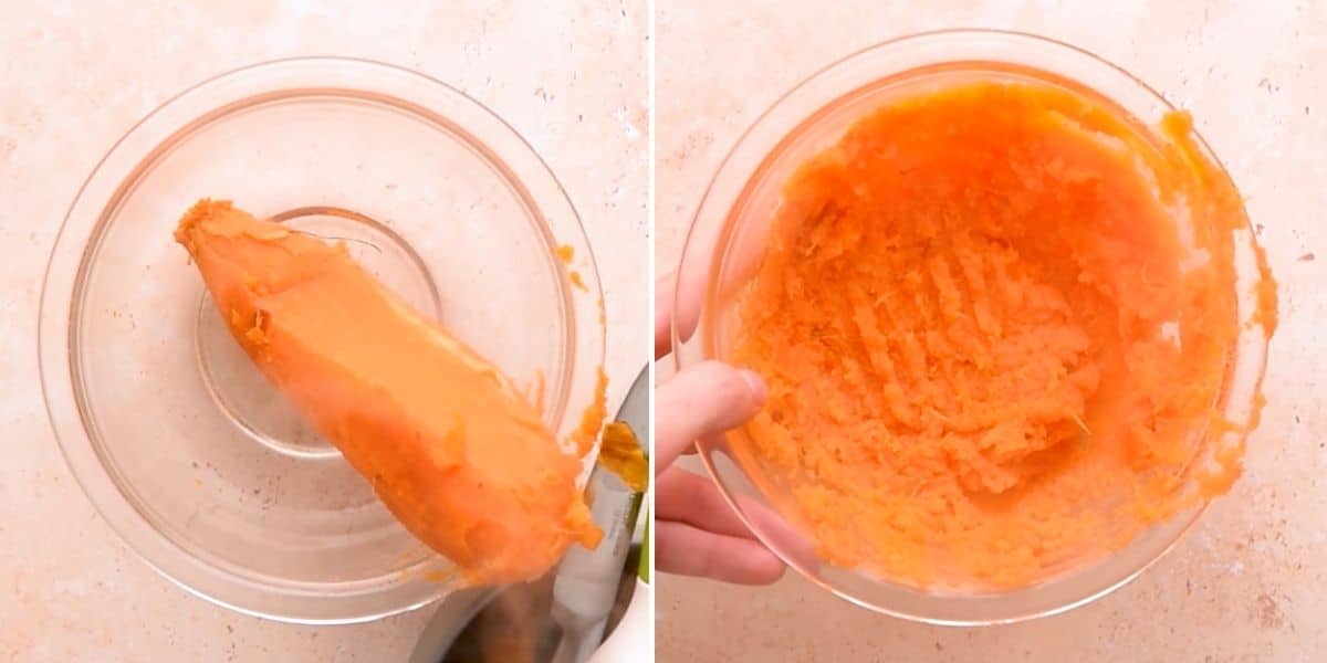 Sweet potato in a glass bowl before and after being mashed