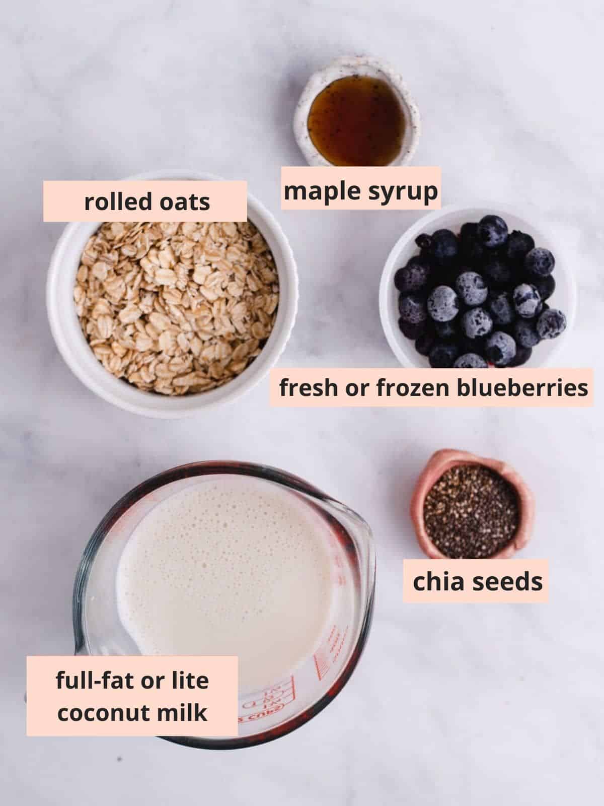 Labeled ingredients used to make overnight oats.