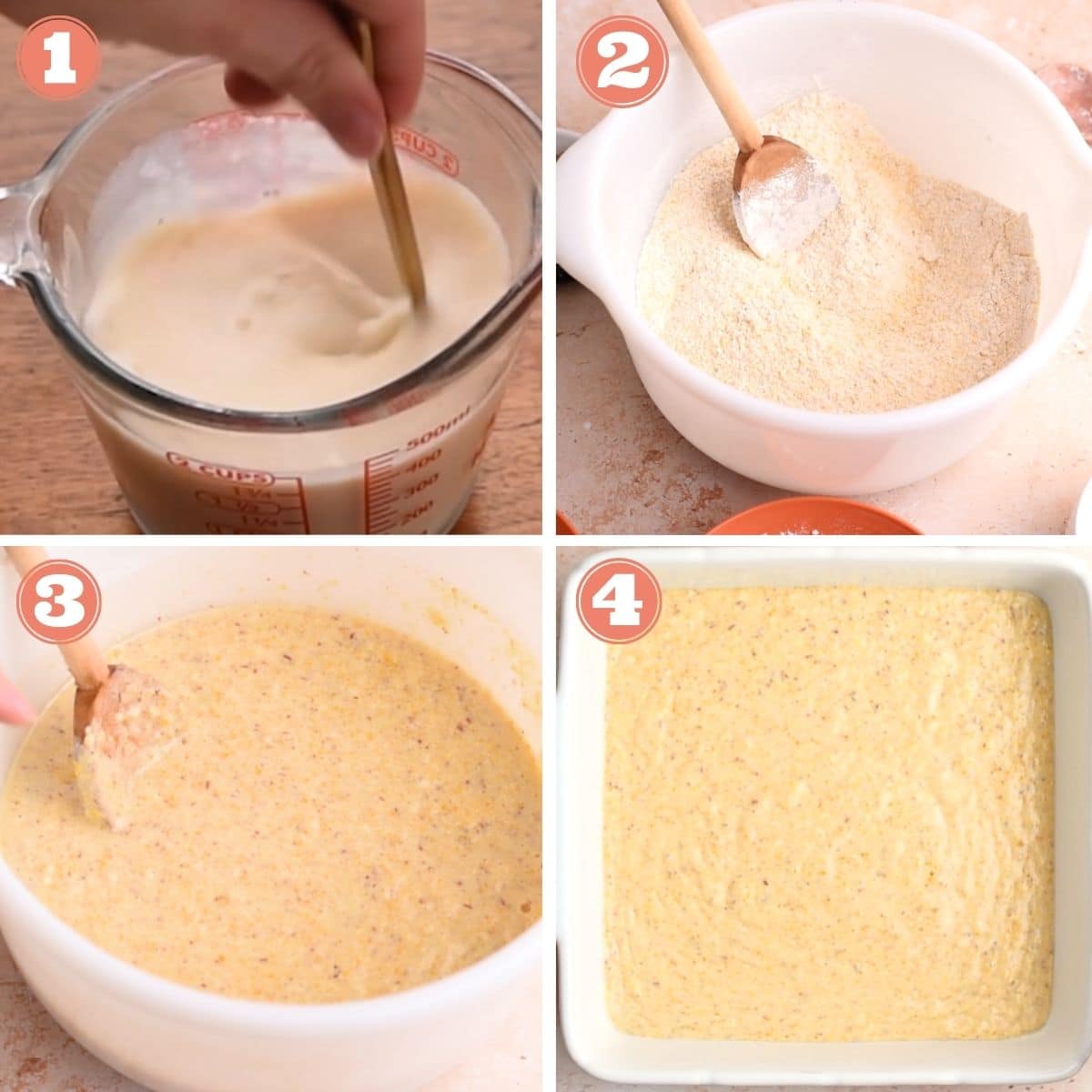 Steps 1 through 4 to make cornbread