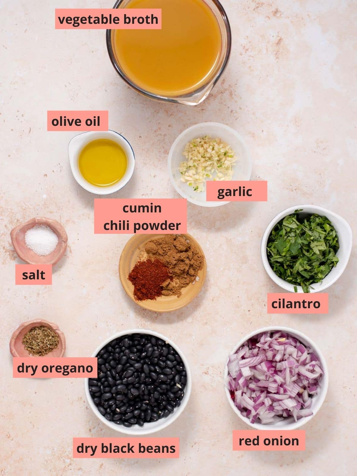 Labeled ingredients used to make black beans