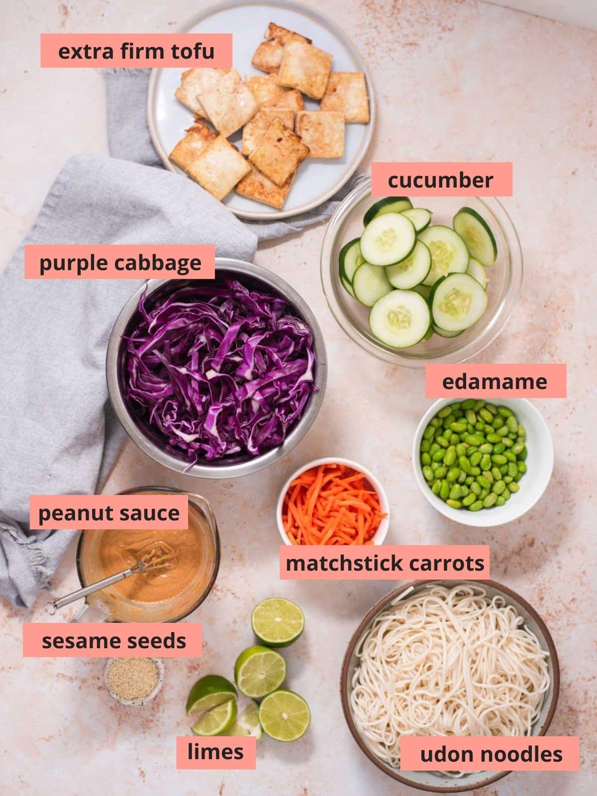 Labeled ingredients used to make spring rolls