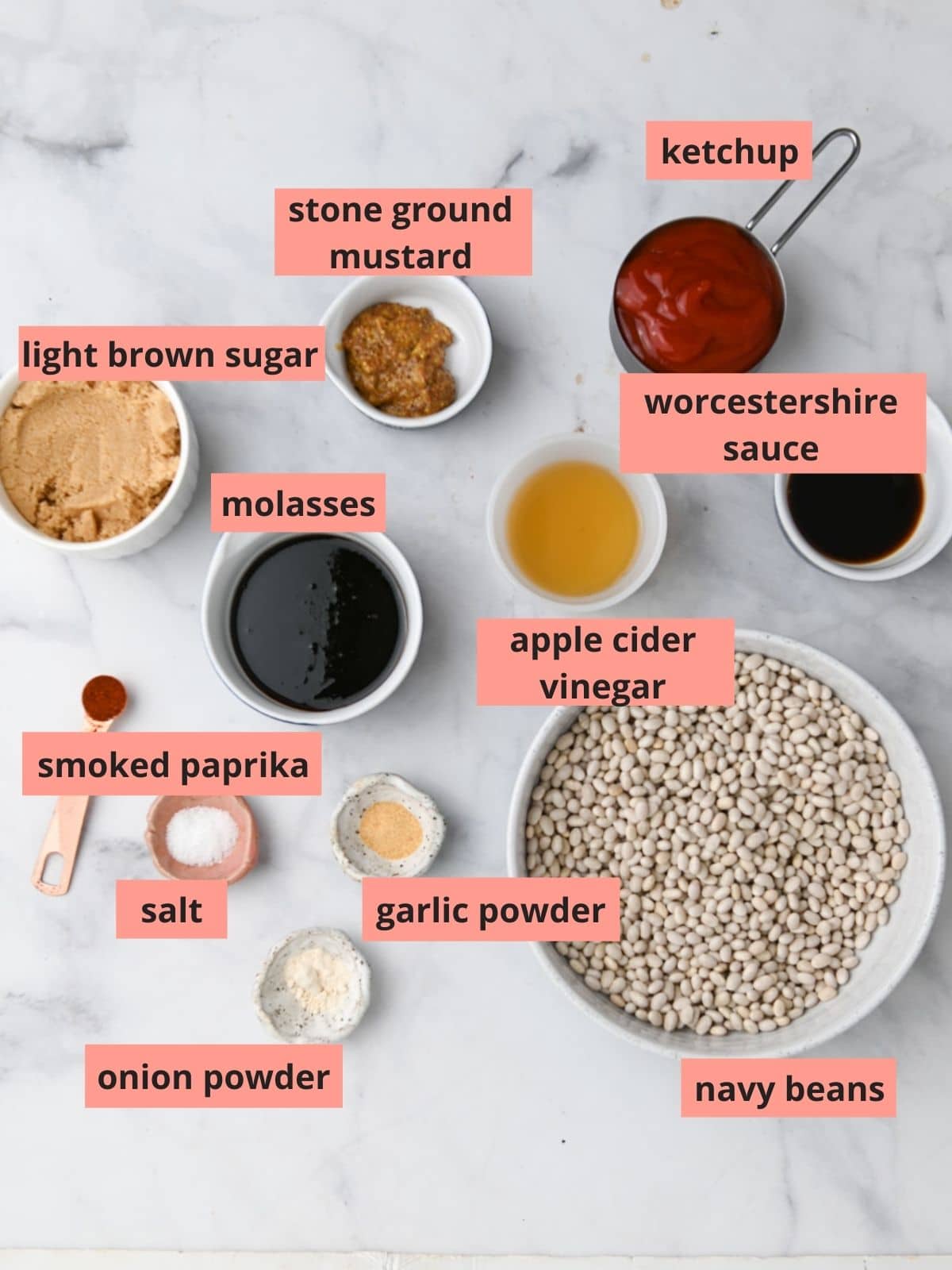 Labeled ingredients used to make instant pot baked beans