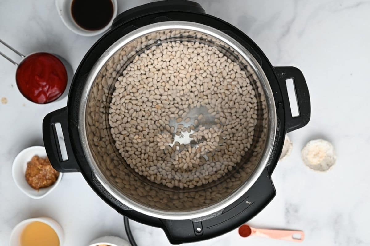 Overhead view of navy beans and water in an Instant Pot