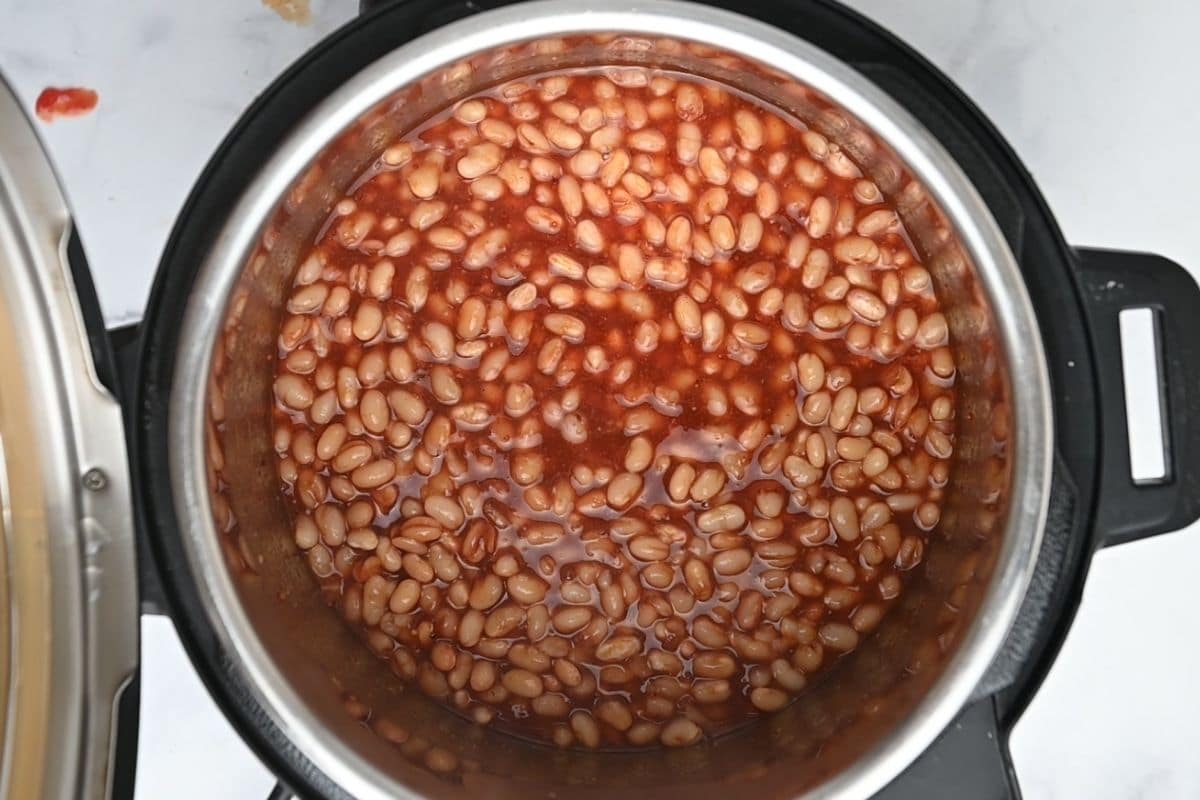 Overhead view of baked beans in Instant Pot