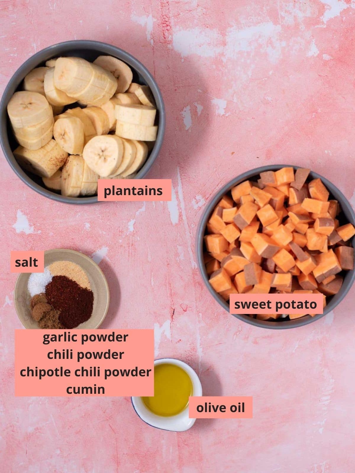 Labeled ingredients used to make sweet potato tacos