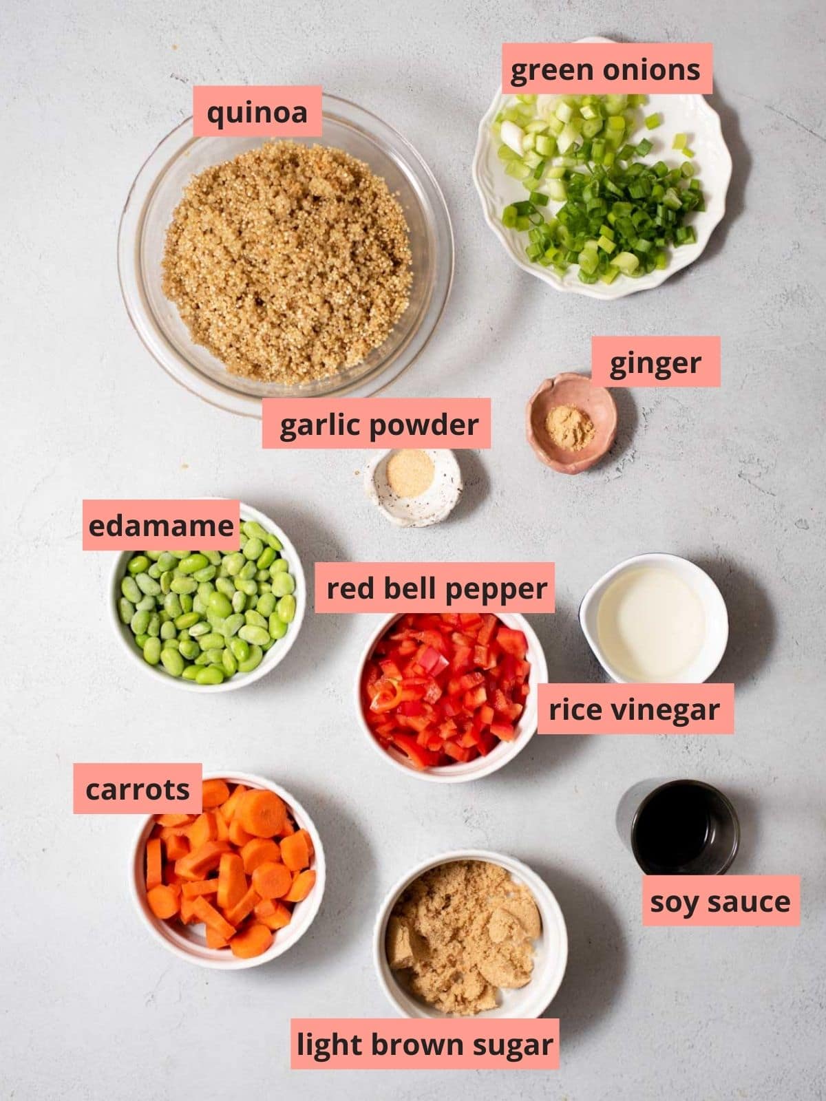 Labeled ingredients used to make quinoa fried rice.